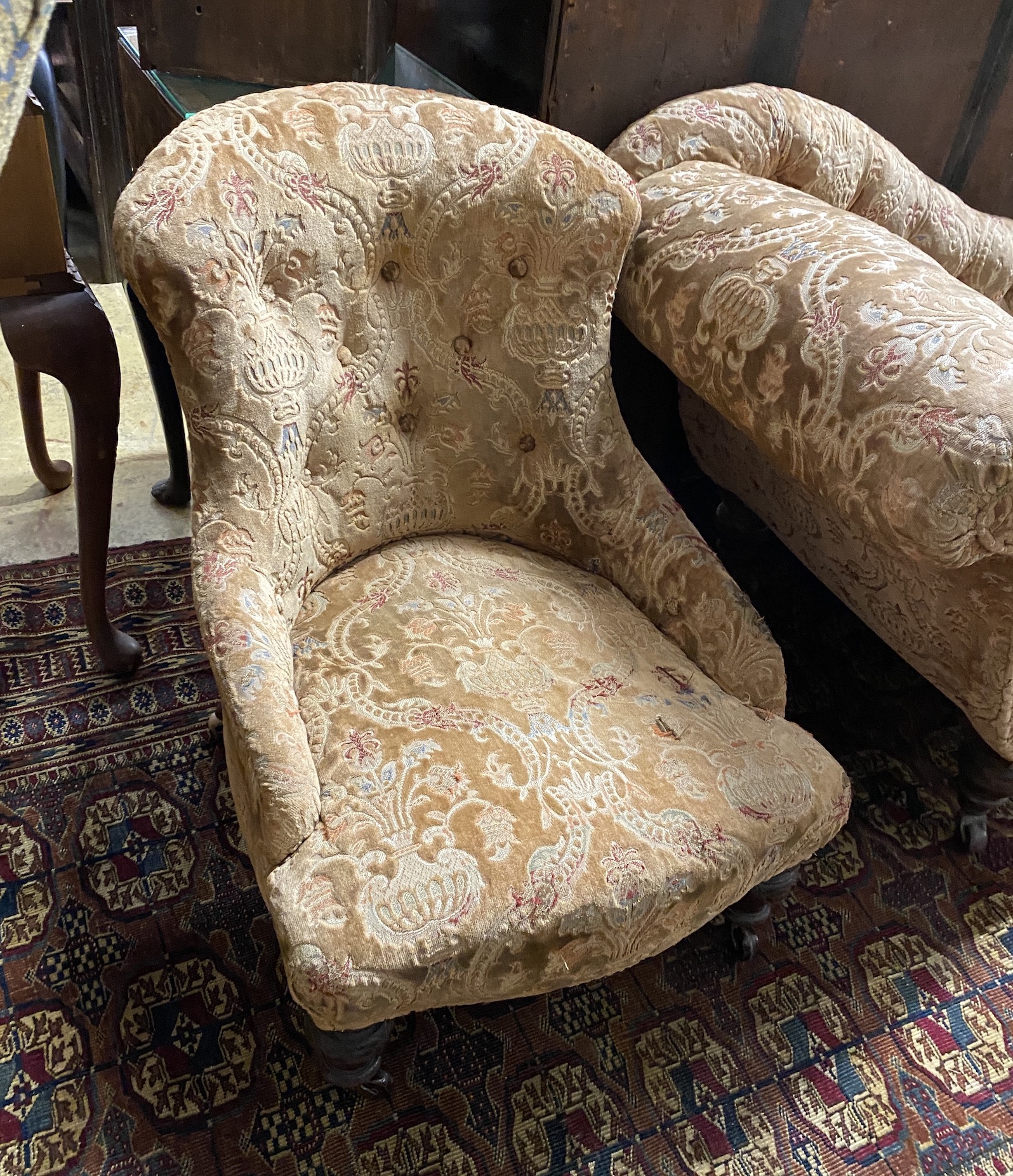 A Victorian upholstered chaise longue, length 170cm, height 66cm together with a Victorian spoon back nursing chair